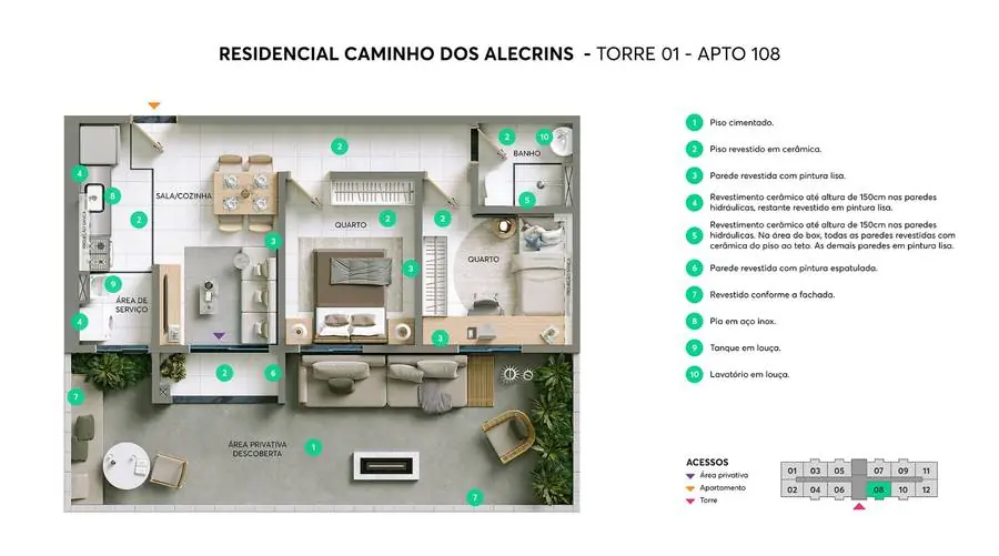 Planta do apartamento 108 do Caminho dos Alecrins Planta do apartamento 108 do Caminho dos Alecrins, térreo com área privativa descoberta