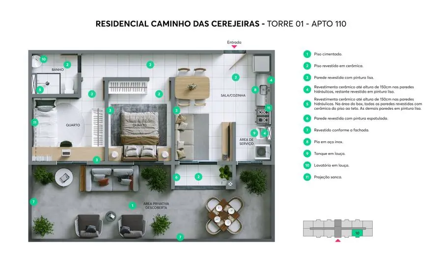 Planta do apartamento 110 do Caminho das Cerejeiras, térreo com área privativa descoberta