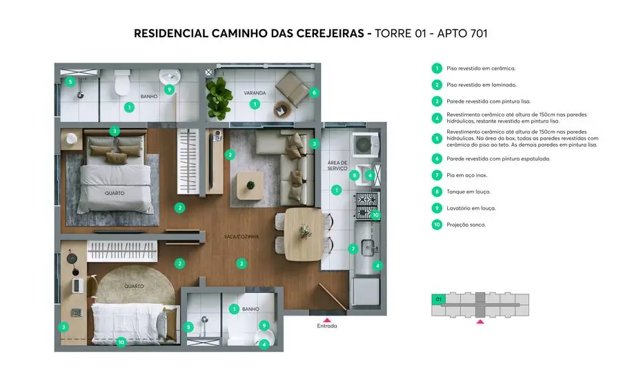 Planta do apartamento 701 do Caminho das Cerejeiras, 2 quartos com suíte e varanda