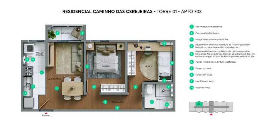 Planta do apartamento 703 do Caminho das Cerejeiras, 2 quartos com varanda