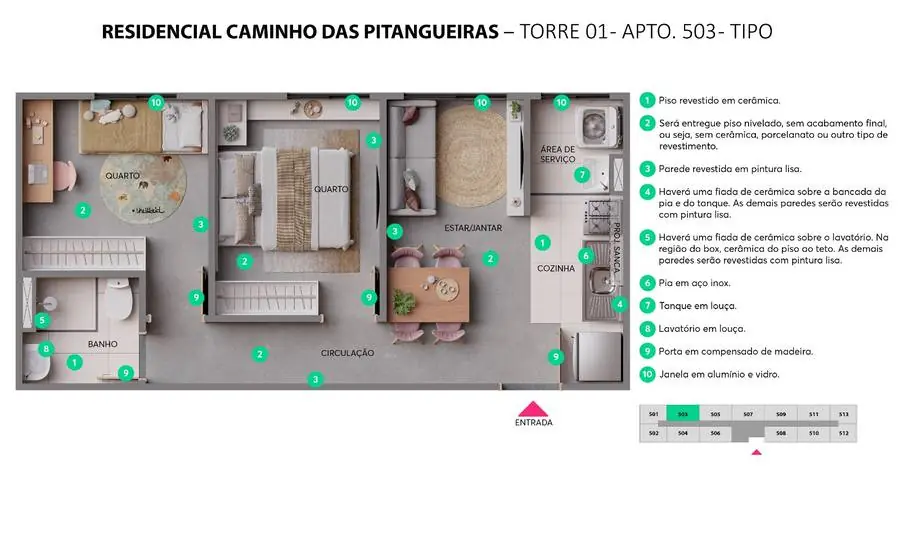 Planta do apartamento 503 do Caminho das Pitangueiras Planta do apartamento 503 do Caminho das Pitangueiras, 2 quartos de meio